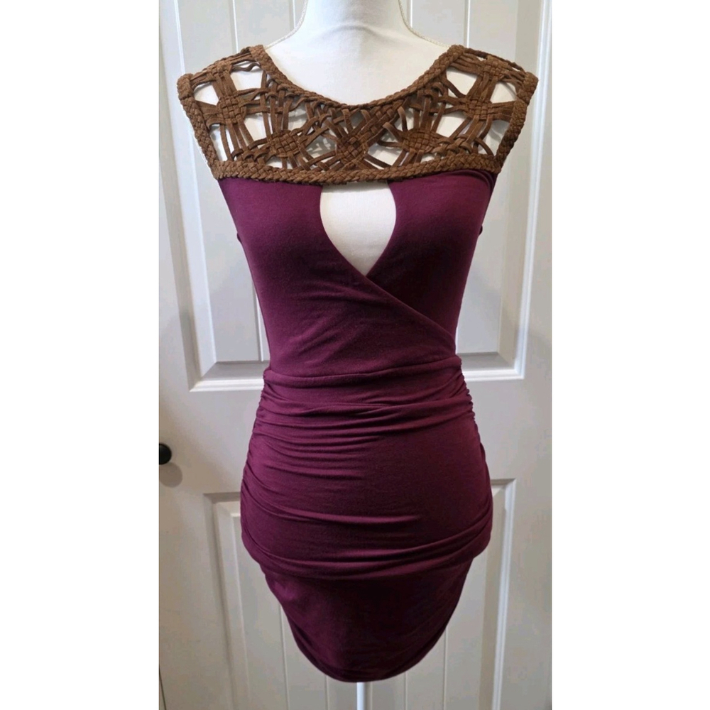 Sky Burgundy Bodycon Mini Dress Real Leather Crochet Neck Ruched Club Party XS